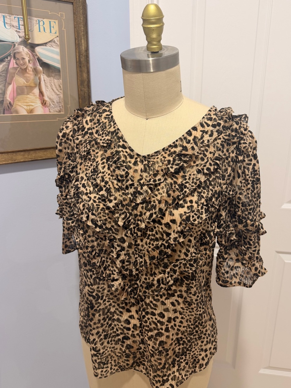 Rebecca Taylor Beige and Black Leopard Print Ruffled Blouse